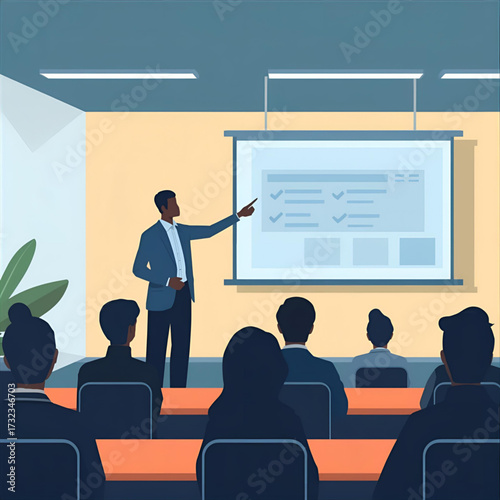 Professional business coach leading a corporate training seminar, presenting a growth strategy concept to an attentive audience