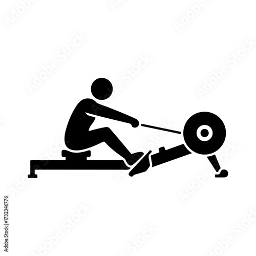 Flat Vector Black Silhouette of Person on Rowing Machine Icon