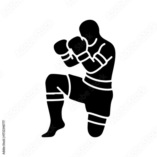Minimalist Black Silhouette of Kneeling Fighter on White Background