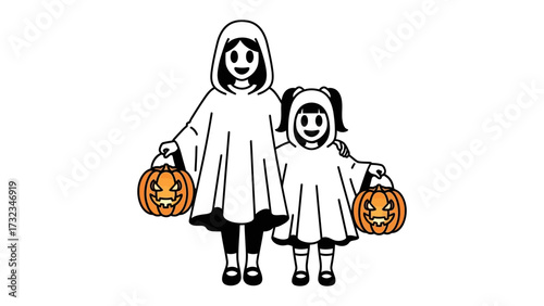 Halloween Night: Charming illustrations of two young children in delightful ghost costumes, smiling and brimming with excitement. Holding lit jack-o'-lanterns.