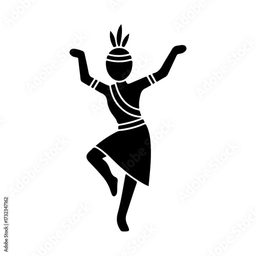 Flat Black Silhouette of Ethnic Dancer with Feathered Headband Icon