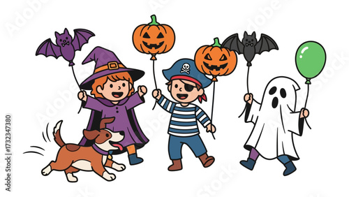 Halloween Celebration: Halloween characters celebrating with balloons and costumes.