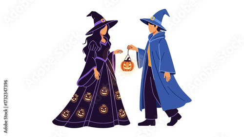 Halloween Wizards and Witch: A magical illustration depicting a young wizard and witch in full regalia, exchanging a festive carved pumpkin, capturing the essence of All Hallows' Eve.