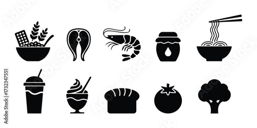 Nutrition food icon set. Healthy food of nutritious grocery items for breakfast, seafood, bread, noodles, tomato, broccoli, dessert, juice and ice cream pictogram symbols.