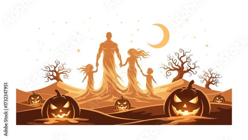 Spooky Halloween Family: A digital art piece portrays a ghostly family amidst a stylized landscape of illuminated pumpkins, gnarled trees, and an eerie night sky with a crescent moon.
