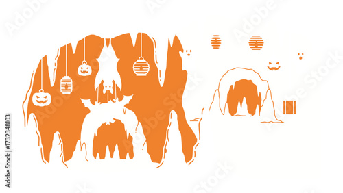 Spooky Halloween Cave: A haunting Halloween illustration depicts a dark, mysterious cave adorned with festive decorations and eerie creatures. Featuring pumpkins, lanterns, and bats.