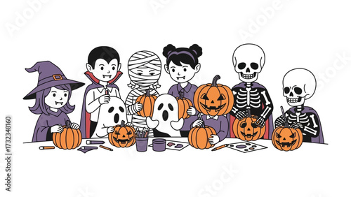 Halloween Craft Time: A cheerful illustration depicts children, dressed in creative costumes, enthusiastically carving pumpkins and crafting spooky decorations, evoking the spirit of Halloween.