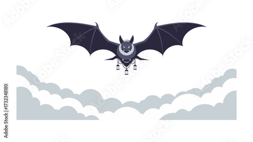 Mysterious Flight: A striking bat soars through the misty sky, its dark silhouette contrasting with the ethereal clouds, representing a night flight and mystery