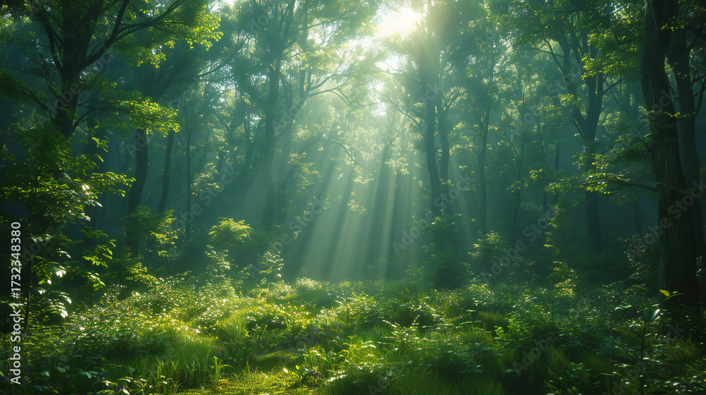 Obraz premium Vibrant Green Forest Scene in 4K Resolution Featuring Lush Trees and Nature Sounds, Ideal for Environmental Photography or Film Production