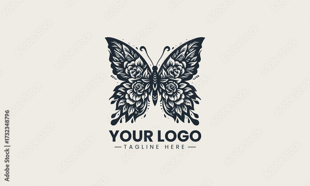 Obraz premium Exquisite black silhouette of a butterfly with beautiful intricate rose flowers creates a detailed ornamental vector design
