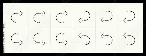 Outline circular and curved arrow icon set. Direction, navigation, downward, reload, clockwise, turn down, turn left, upward and more.