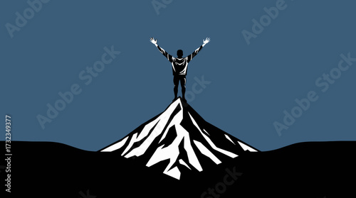 A silhouetted figure stands triumphantly atop a mountain peak with arms raised high against a blue backdrop.