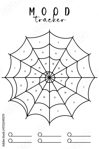 Spider Web Mood Tracker printable template. Creative mood tracker for October Halloween with a unique spider web design and 31 numbered sections. Printable for bullet journal, diary, or planner insert