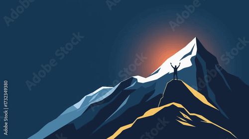 Silhouette of a person standing atop a mountain peak with arms raised in victory against a dark blue sky.