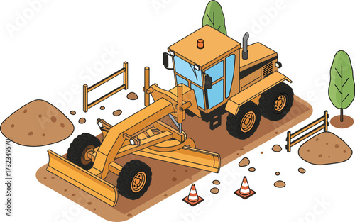 Grader on a construction site roadwork concept, Isometric illustration