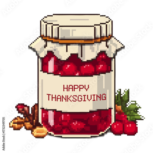 Pixel art jar of cranberry sauce with autumn harvest ingredients isolated on white background