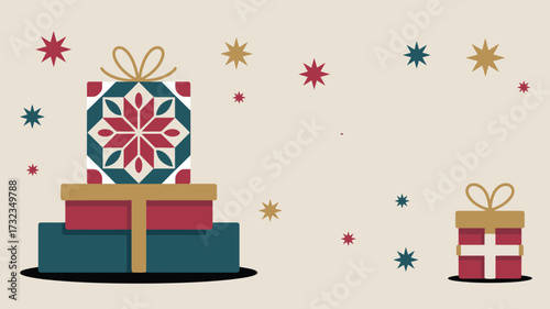 A stack of christmas presents with stars on a beige background and a single gift on the right side