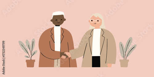 A business meeting with collaboration and cooperation, people in formal wear are shaking hands, there is a pot plant in the scene.