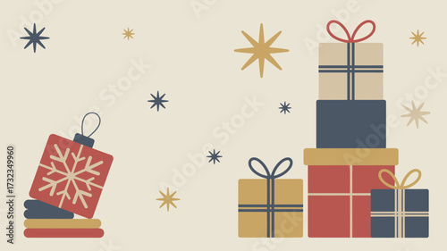 Illustration of stacked christmas presents and a snowflake ornament on a beige background with stars