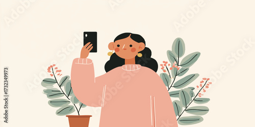 A young woman capturing a moment with a selfie amidst lush green foliage, symbolizing personal growth and self-expression.