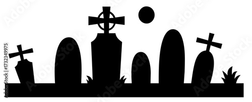 Abandoned graveyard with weathered stone tombs, celtic cross and leaning headstones in gothic horror atmosphere