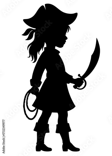 Young pirate girl with sabre and rope, child buccaneer silhouette in skirt and boots
