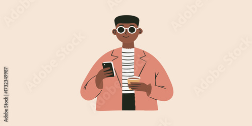 A stylish individual in a casual, yet put-together outfit, thoughtfully checking their smartphone while holding a warm drink, a depiction of modern urban life and leisure.