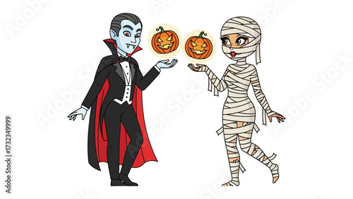 Spooky Halloween Duo: A friendly vampire and a charming mummy share the festive spirit, accompanied by delightful, grinning jack-o'-lanterns, creating a captivating scene of Halloween joy.