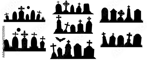 Cemetery silhouettes set with gothic crosses, cracked tombstones, marble and granite graves, haunted graveyard row for Halloween and horror