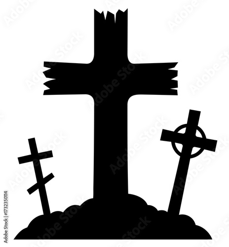 Broken wooden cemetery cross with old tilted graves, horror Halloween style
