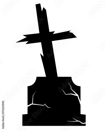 Broken wooden grave cross on cracked stone base, abandoned cemetery, decay and horror