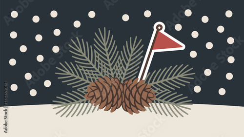 Winter scene with pine cones and branches under falling snow and a small red flag decoration