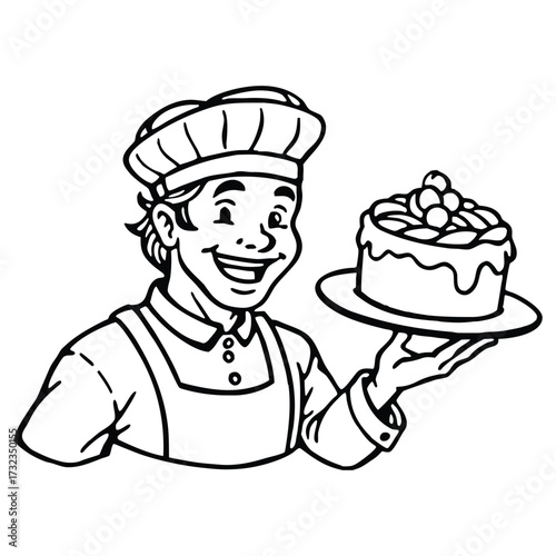 Smiling baker presenting fresh cake