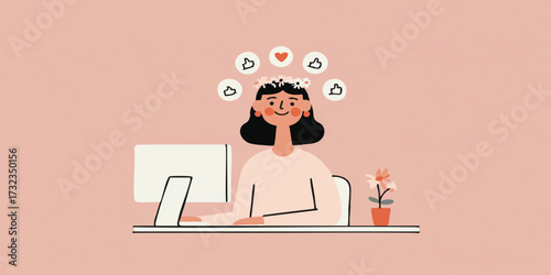 A woman, absorbed in her online world, is surrounded by social media symbols. Her interaction with a computer highlights modern lifestyle.
