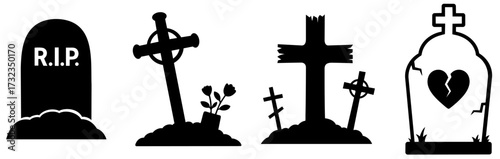 Cemetery tombstone silhouettes set — RIP gravestone, broken wooden crosses, Celtic grave marker, marble headstone with cracks, Halloween horror cemetery collection