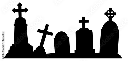 Ancient granite and marble grave monuments with gothic and celtic crosses, cracked and tilted cemetery tombstones