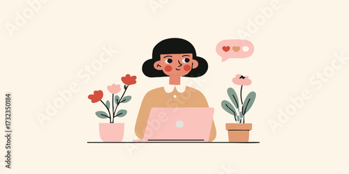 A charming digital illustration portrays a woman engrossed in her laptop, surrounded by potted flowers and a thought bubble filled with hearts, conveying feelings of affection.