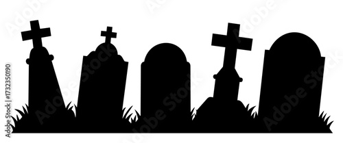 Broken wooden cemetery crosses with leaning stone headstones, cracked silhouettes of forgotten graves in horror