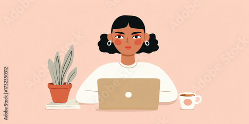 A determined woman sits at her desk, engaging with her laptop in a colorful workspace, perfectly illustrating remote work and productivity.