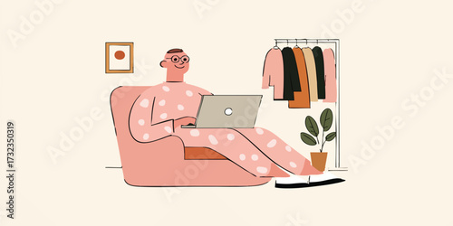 An individual working from home in casual attire, typing on a laptop, in a relaxed posture. The scene creates a sense of comfort and domestic tranquility.