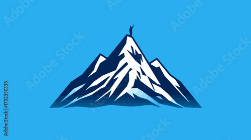 Illustration of a person standing atop a snow-capped mountain peak with arms raised in victory, against a blue background.