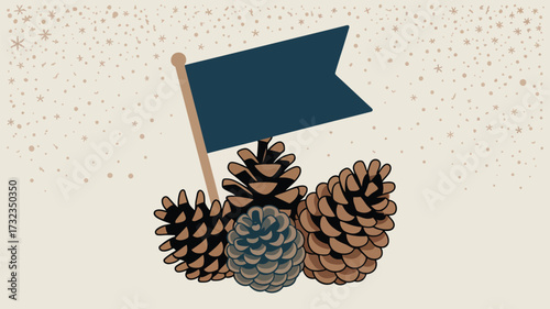 Illustration of a blue flag on a pole with three pine cones against a beige background with snowflakes