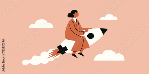 A businessperson soars high on a rocket through a cartoon sky, symbolizing ambitious goals and remarkable future.