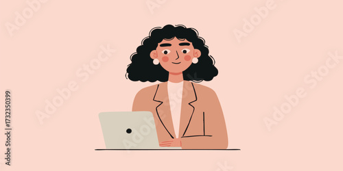 A determined businesswoman, engrossed in her work, with her laptop in front of her. She is the picture of professionalism and productivity.