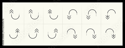 Outline circular and curved arrow icon set. Direction, navigation, downward, reload, clockwise, turn down, turn left, upward and more.