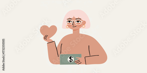 An illustration showing an individual with a heart, symbolizing a compassionate act of kindness and monetary support, emphasizing altruism.