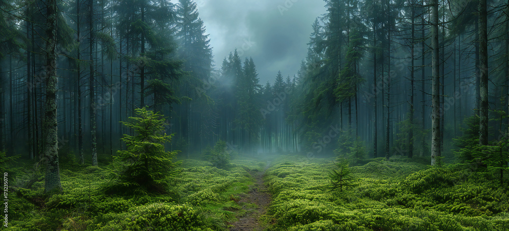 Obraz premium Breathtaking Pine Forest Panorama with Misty Foreground and Dappled Light on a Soft, Ethereal Background