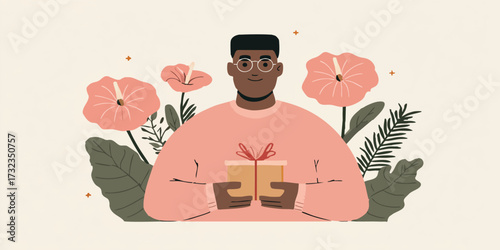 A happy man holds a wrapped gift, framed by blossoming flowers in a heartwarming celebration of kindness.
