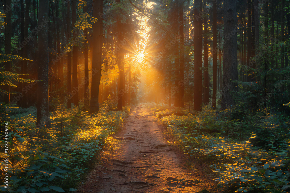Obraz premium Luminous Forest Pathway with Dappled Light, Vibrant Foliage, and Nature Sounds in a Serene Sunny Setting