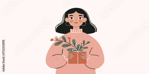 A girl lovingly holds a potted plant, creating an atmosphere of nurturing and tranquility. With her serene expression, she seems to be embracing the essence of nature and the joy of life.
